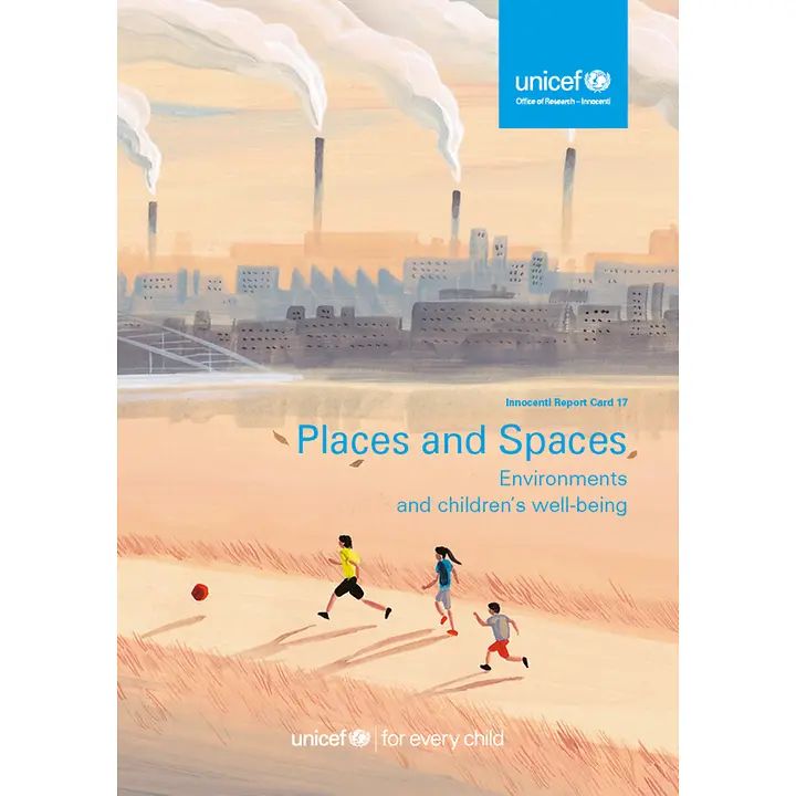 Cover Places and Spaces Eine Zeichnung von Kindern, die auf einem Weg vor einer Fabrik spielen.