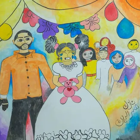 "Kinder sind Kinder und keine Bräute". Das gemalte Bild zeigt eine Kinderehe. | © UNICEF/Mohamdeen Kinderheirat: Ein Kind hält einen Teddybären und trägt ein Hochzeitskleid.