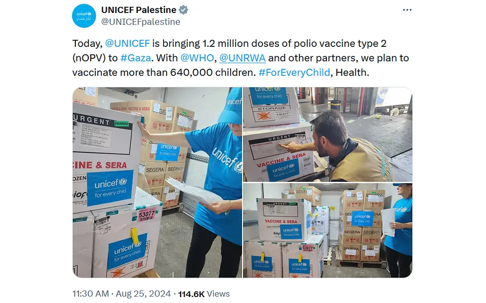 UNICEF liefert Polio-Impfdosen in den Gazastreifen. Tweet UNICEF_gaza Polio