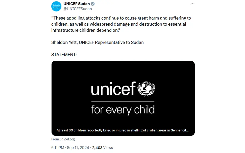 Statement von Sheldon Yett, UNICEF-Leiter im Sudan Angriff in Sennar im Sudan