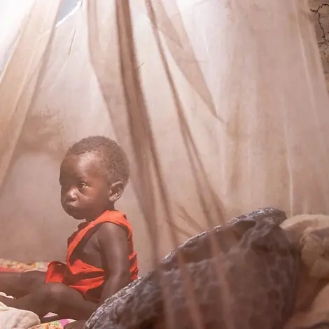 Ein Kind unter einem Moskitonetz