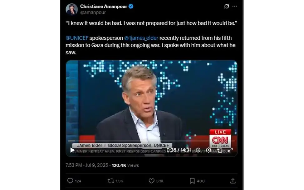 UNICEF-Sprecher James Elder im Interview mit CNN. | © Christiane Amanpour/CNN UNICEF-Sprecher James Elder im Interview mit CNN