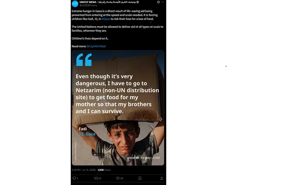 UNICEF MENA Post auf X | © UNICEF MENA UNICEF MENA_14072025