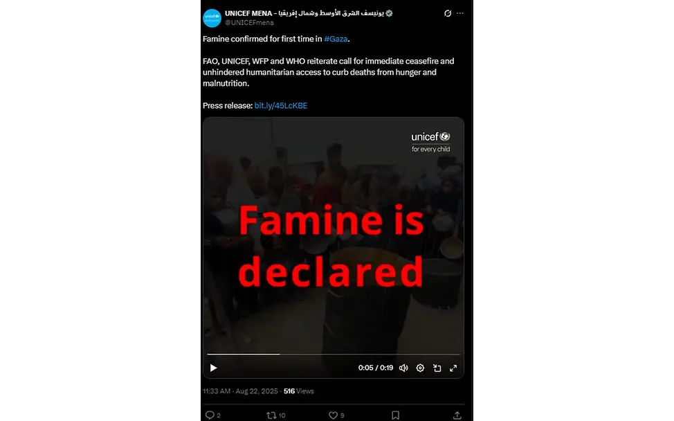 Post auf X | © UNICEF MENA Kinder Gaza: UNICEF MENA zu den IPC Zahlen