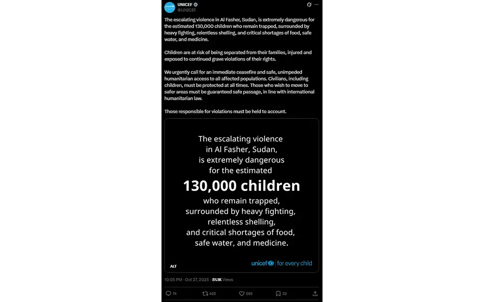 Post von UNICEF zur Lage im Sudan | © UNICEF PostSudan_27.10