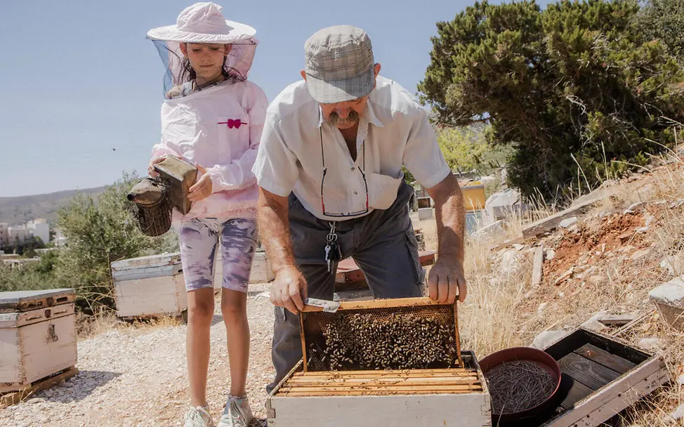 Hitze, Trockenheit und Feuer bedrohend die Existenz von Landwirt*innen weltweit. | © UNICEF/Pantelia Waldbrände Folgen: Ein Imker prüft mit seiner Enkelin die Bienenstöcke.