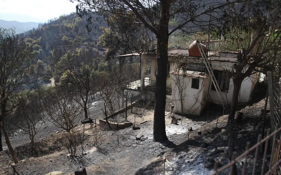 Der Wiederaufbau nach einem Waldbrand dauert oft Jahre. | © UNICEF/Michalatos Waldbrand Folgen: Ein zerstörtes Haus auf einem Berg in einem Waldbrandgebiet.