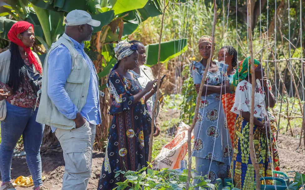 Gemeindegärten helfen den Familien, sich selbst mit Lebensmitteln zu versorgen. | © UNICEF/Ndindir Was ist Hunger einfach erklärt: Frauen stehen mit einem UNICEF-Helfer in einem Gemüsegarten.